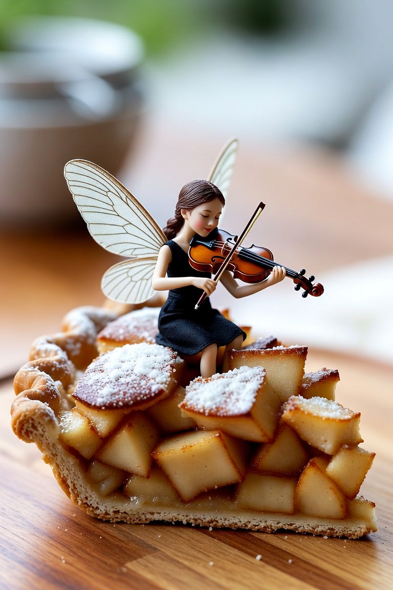 Tiny wife with fairy wings playing violin on a slice of apple pie